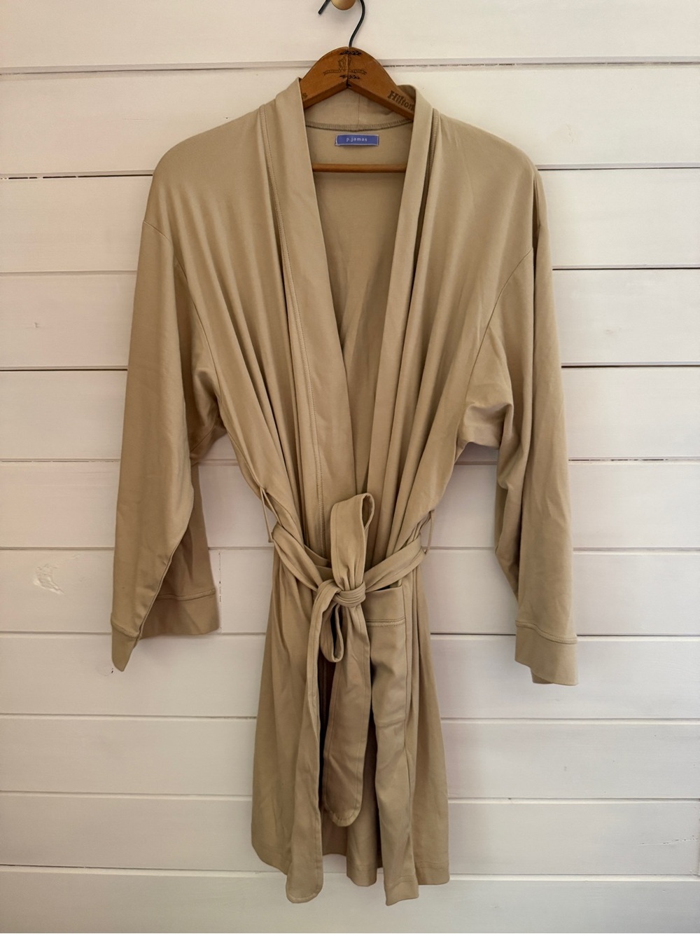 P.Jamas Butterknit Short Tied Robe Sz LARGE Pima Cotton Tan Cappuccino $126